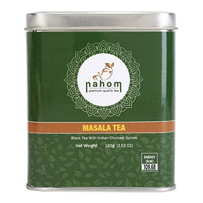 Image of NAHOM Masala Chai Tea Blend of Black Tea, Cinnamon, Cardamom &amp; Pepper with Ancient Indian Herbs House Recipe Spiced 3.53oz 100g TIN