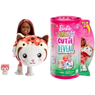 Image of Barbie Cutie Reveal Chelsea Doll &amp; Accessories, Animal Plush Costume 6 Surprises Including Color Change, Kitten as Red Panda, HRK28