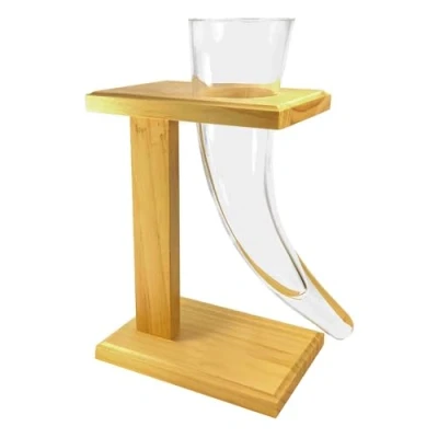 Image of #winning Viking Beer Horn Drinking Glass Vessel with Pine Wood Stand 480 ml