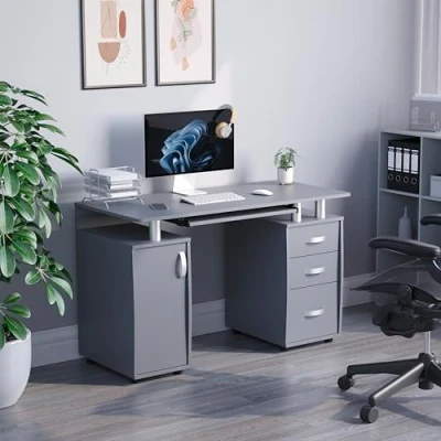 Image of Vida Designs Otley Computer Desk with Shelves and 3 Drawers, Home Office PC/Laptop Gaming Table, Study Workstation Keyboard Tray, Furniture, Grey
