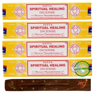 Image of Original Satya Nag Champa Spiritual Healing incense sticks with M&amp;J holder x4 pack for Aromatherapy, Spa, Yoga, Weddings, Meditation, Healing, Positivity and Relaxation