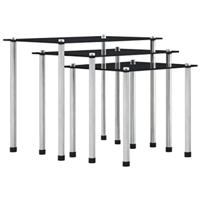 Image of vidaXL Contemporary Black Tempered Glass Nesting Tables Heavy Duty Aluminum Legs, Set of 3, Modern Living Room Side Console