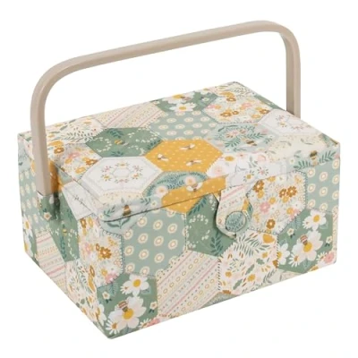 Image of Hobby Gift Exclusive Medium Sewing Craft Storage Box, Accessories Tray Pin Cushion Pocket PVC Handle 18.5 x 25.5 14.5cm, Patchwork Bees