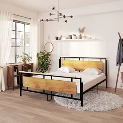 Image of vidaXL Super King Bed Frame 180x200 cm Black Metal &amp; Solid Oak Wood Industrial Style Sturdy Durable Structure Suitable for 6FT Mattresses