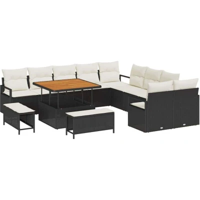 Image of vidaXL 13 Piece Garden Sofa Set with Cushions Black Poly Rattan Acacia
