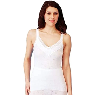 Image of Ladies Snowdrop Thermal Underwear Cotton Soft Vest Tops &amp; pantee, Long Johns (French Neck with lace White, XX Large (XXOS) (22 24) UK)