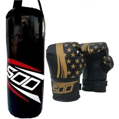Image of 2ft Unfilled Boxing Punch Bag with Kids Junior Gloves, for Youth MMA, Martial Art Thai Training 2oz Gloves Punching Mitts MMA Kickboxing Karate Home Gym (Black/Gold)