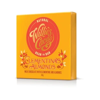 Image of Willie&#039;s Cacao Clementina&#039;s Almonds Milk chocolate bar, 44% with Clementine &amp; Roasted 50g Artisan Bean to bar