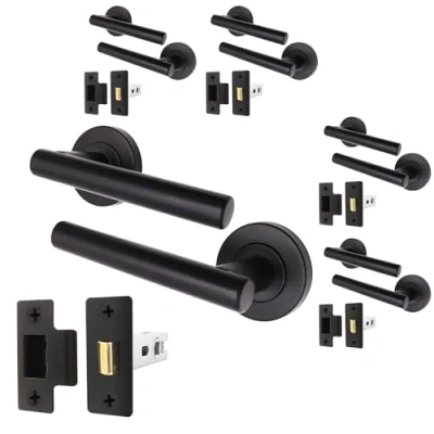 Image of EAI Black Door Handle Latch Set Pack of 5 Round T Bar Internal Handles &amp; (64mm) Matt Lever on Rose Oliena Range