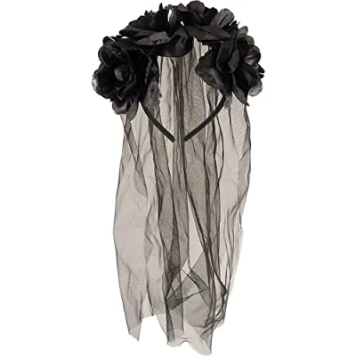 Image of the Fancy Dress® Long Black Veil with Flowers Halloween Hairband Gothic Bride Day of Dead Party Accessories Dress Hair Accessory for Adults