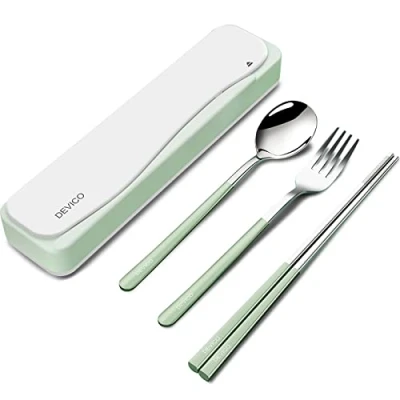 Image of DEVICO Travel Cutlery Set, Camping Set for 1, Portable 18/8 Stainless Steel Utensils Include Fork Spoon Chopsticks (Green)