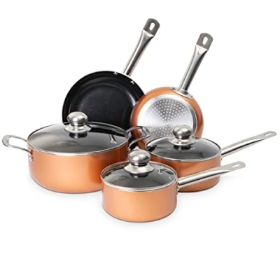Image of Non Stick Pots and Pans Set Induction Hob 8pcs Kitchen Cookware with Lids Cooking Copper Saucepan Frying by Nuovva