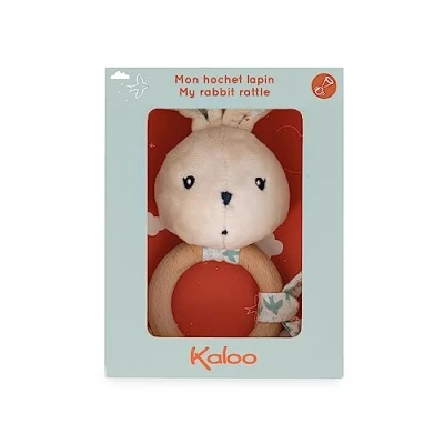 Image of Kaloo K&#039;doux Baby Rattle FSC Wood Ring Rabbit Plush with Squeaker Promotes Development Stimulates The Senses Dove Pattern 0 Months +, K216001