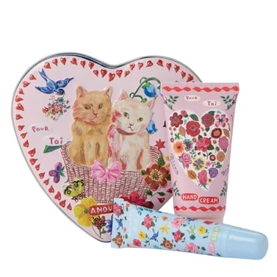 Image of Nathalie Lete Hand Cream 30ml and Lip Balm 10ml, Display Tray in Heart Shaped Tin, Shea Butter with Rose Fragrance Moisturiser, Travel Size, Beauty Gift For Her, Cruelty Free Vegan Friendly