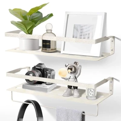 Image of Uten Floating Shelves, Iron Wall Mounted Shelf with Towel Bar, Hanging Organizer Shelves Set of 2 for Bedroom, Bathroom, Living Room, Kitchen, Office, Laundry Room