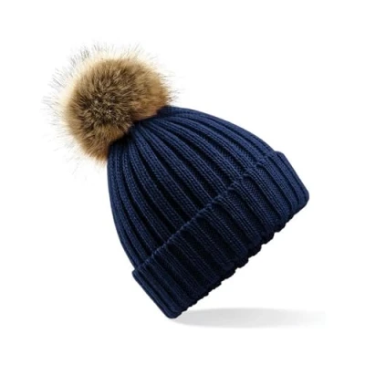 Image of Beechfield Faux Fur Pop Pom Chunky Beanie Navy