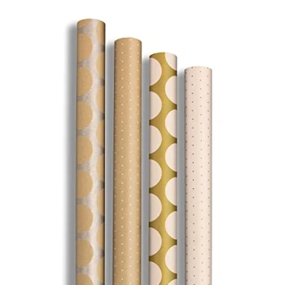 Image of Clairefontaine 223879AMZC A box of 10 rolls Kraft gift paper (100% recycled) 5mx0m70 (large width) 70g, Assorted patterns Gold, white and silver dots