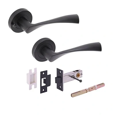 Image of HANDLEZONE® Zena Privacy Lever On Round Rose Door Handles, with Latch, for Bathroom, Toilet, WC Doors, 1 Set Black Matt
