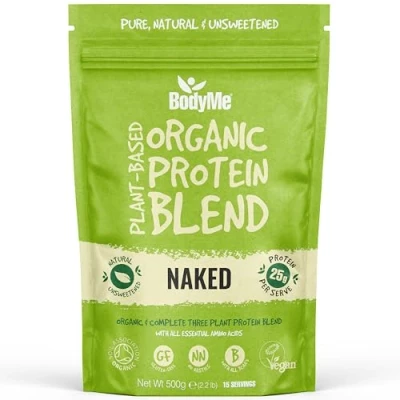 Image of BodyMe Organic Vegan Protein Powder Blend, Naked Natural Unsweetened, Low Carb, 3 Plant Based with 25g of Complete Protein, Gluten and GMO Free, 500 gm
