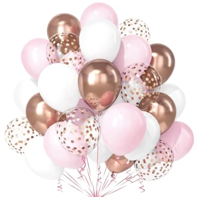 Image of Teselife Pink and White Balloons, 30Pcs 12 Inch Pastel Metallic Rose Gold Rosegold Confetti Balloon with Ribbon Girls Women Birthday Baby Shower Wedding Anniversary Engagement Decorations