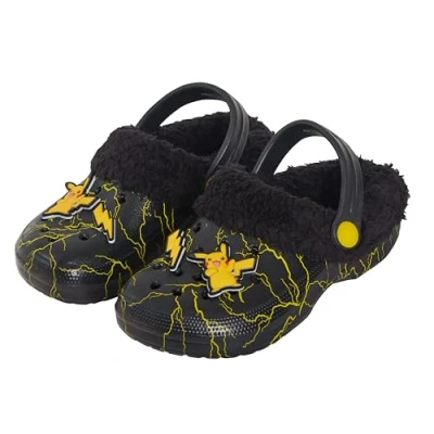 Image of Pokemon Pikachu Clogs Borg Fur Fleece Lined with Charms 12 UK Child Black