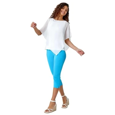 Image of Roman Originals Cropped Trousers for Women UK Ladies Capri Leggings Summer Pants Short Crop Stretch 3/4 Length Three Quarter Pedal Pusher Clothes Elasticated Bengaline Cut Off Aquamarine Size 12
