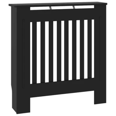 Image of vidaXL Radiator Cover MDF Construction, Black Color, Modern Slatted Design, Flat Top Shelf, 78 x 19 81.5 cm Dimensions, Indoor Home Decor