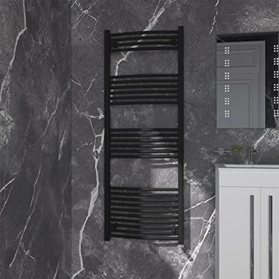Image of NRG Black Curved Central Heating Towel Rail Bathroom Heated Rad Radiators Ladder Warmer 1600x600mm