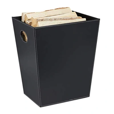 Image of Relaxdays Log Basket for Firewood, Firewood Basket, Faux Leather Carry &amp; Storage, Fireplace with Handles, Black