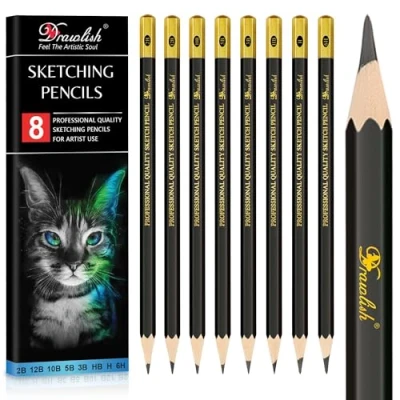 Image of Drawing Pencils Set of 8 12B 10B 5B 3B 2B HB H 6H Sketching for Artists Beginners, Kids &amp; Adults Premium Wood Art Shading, Doodling