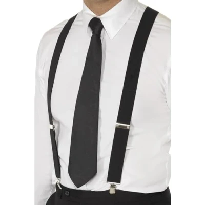 Image of Smiffys Black Elasticated Braces, with Metal Hold Clip, 1920&#039;s Razzle Fancy Dress, 1920s Dress Up Accessories