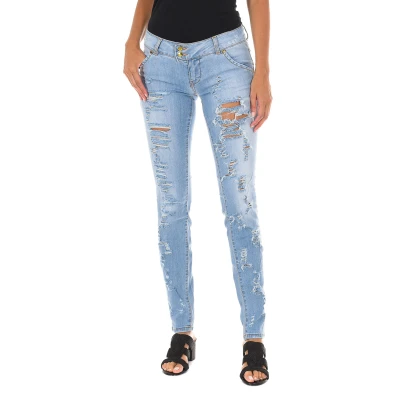 Image of Met Womens Long denim trousers worn effect with narrow cut hems 10DB50350 woman Blue Cotton Size 27 (Waist)
