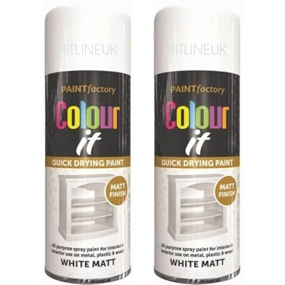 Image of HitlineUK 2 X SPRAY PAINT WHITE 400ML COLOUR IT MATT FINISH DECORATE WOOD METAL PLASTIC INTERIOR/EXTERIOR