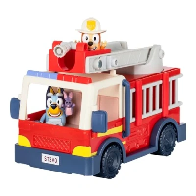 Image of Bluey Firetruck, Exclusive Firefighter Bingo and Bob Bilby Figures Raise The Ladder, Spin It Around Roll Out Hose Includes Sticker Sheet