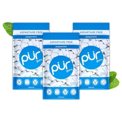Image of PUR Gum Sugar Free Chewing Made with Xylitol Vegan, Aspartame Free, Gluten &amp; Keto Friendly Natural Peppermint Flavoured Gum, 55 Pieces (Pack of 3)