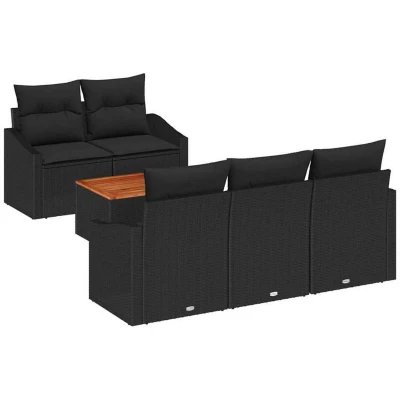 Image of vidaXL 6 Piece Garden Sofa Set with Cushions Black Poly Rattan Acacia