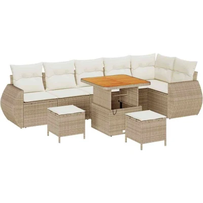 Image of vidaXL 9 Piece Garden Sofa Set with Cushions Beige Poly Rattan Acacia