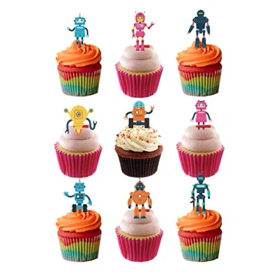 Image of 20 Stand Up Cute Robot Themed Edible Wafer paper Cake Toppers Decorations