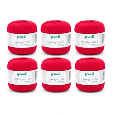 Image of Gründl Wool Crochet Yarn 100 100% Cotton 6 x 100g Balls Needle Size 1.5 2 / 566m Thin for Bright Red