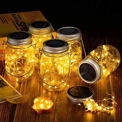 Image of Solar Mason Jar Lights 4Packs, Hanging Lantern 30 LEDs String Fairy Waterproof Firefly Decor for Garden Patio Yard Desktop Party