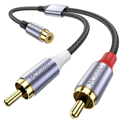 Image of MOSWAG RCA Splitter, Y 1 Female to 2 Male Audio Speaker Adapter Splitter Cable for Amplifiers, CD Player, Subwoofer, Home Theater, HDTV, Gaming Console