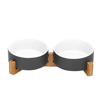 Image of SPUNKYJUNKY Ceramic Dog Bowl Large Cat Elevated with Bamboo Stand Feeding for Cats (400ml, white grey)
