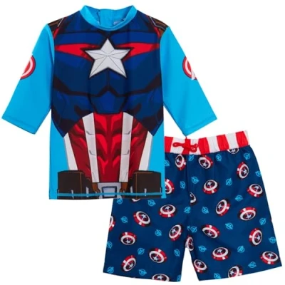 Image of Captain America Swim Shorts + Rash Vest 7 8 Years Blue