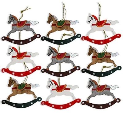 Image of By Robelli Shabby Chic Wooden Christmas Tree Hanging Pendant Baubles Decorations Cut Out Rocking Horses x 9