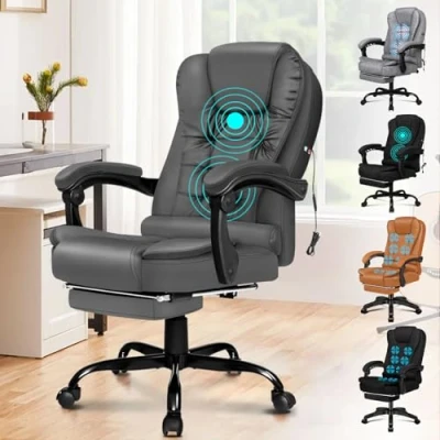 Image of ELFORDSON Massage Office Chair for Home Office, Ergonomic Computer Desk Chairs with Footrest Armrest, PU leather Adults Heavy Duty (Grey)