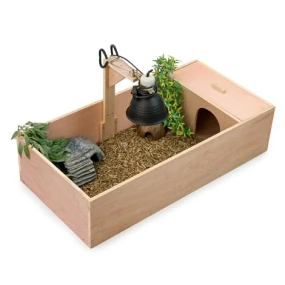 Image of KCT Wooden Tortoise Table Reptile Vivarium Cage Hide with Open Run and Lamp Arm