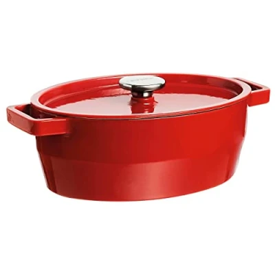 Image of Pyrex 33 cm Slow Cook Enamelled Cast Iron Oval Casserole, Stainless Steel, Red, 5,8L