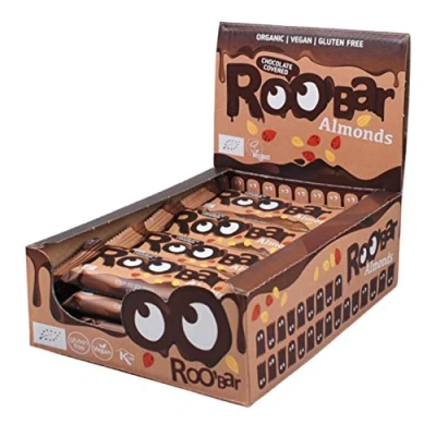 Image of Roobar Chocolate Covered Almond Bar 100% Organic Vegan for Optimum Nutrition. Dairy &amp; Gluten Free, No Added Refined Sugar, 16 x 30 g Bars