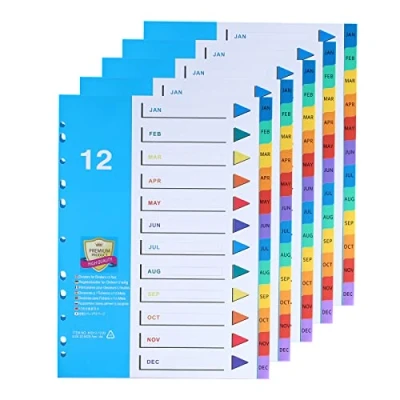 Image of DONGLI A4 File Dividers 12 Part Index Jan Dec (5 Pack) Subject with 11 Hole Reinforced Colour Month Tabs for Home Office