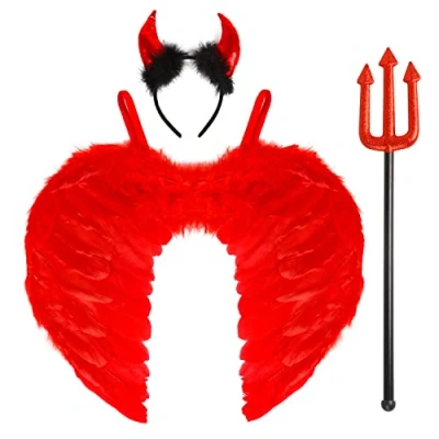 Image of VEYLIN Red Angel Wings And Devil Horns, Fairy Feather Fancy Dress Costume for Halloween Christmas Party